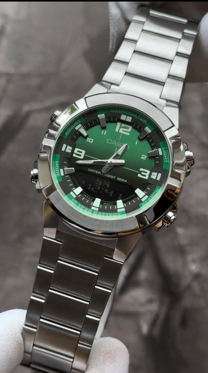 Casio AMW-870DA Luxury Green Dial Watch – Analog Digital Dual Time | 10-Year Battery | 50M Water Resistant