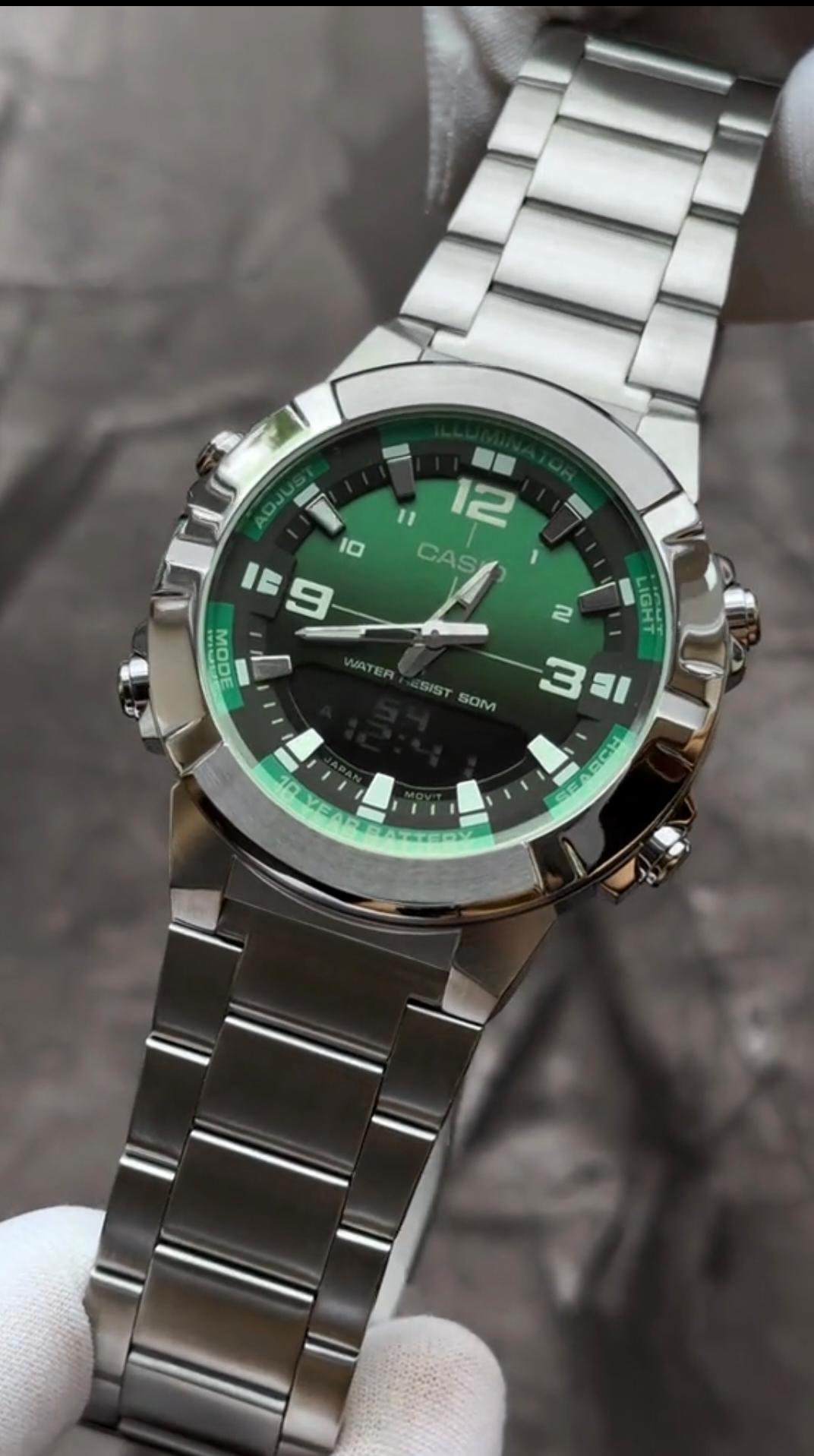 Casio AMW-870DA Luxury Green Dial Watch – Analog Digital Dual Time | 10-Year Battery | 50M Water Resistant