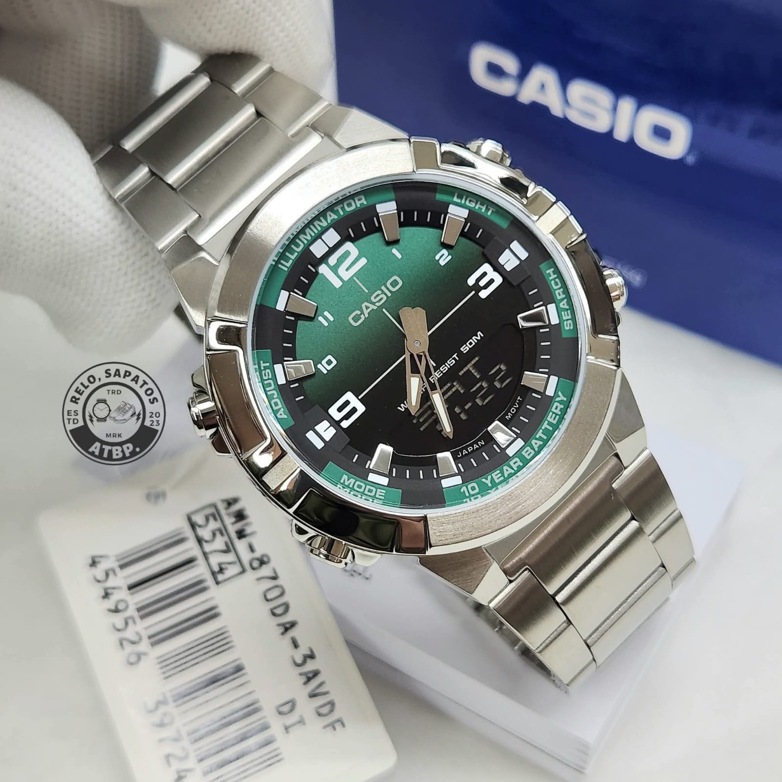 Casio AMW-870DA Luxury Green Dial Watch – Analog Digital Dual Time | 10-Year Battery | 50M Water Resistant