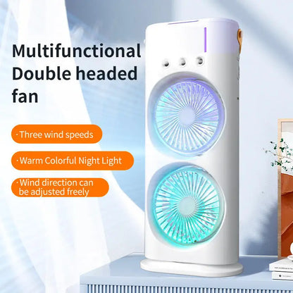 Portable Dual-Head Rotation Spray Fan – USB Rechargeable Cooling Mist Fan